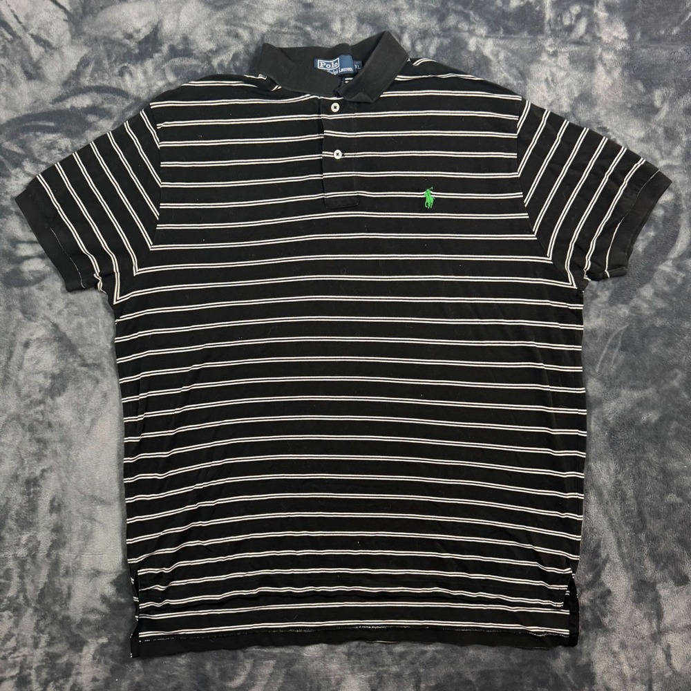 VTG Polo Ralph Lauren Polo Shirt Mens XL Black Striped Pima Cotton Preppy